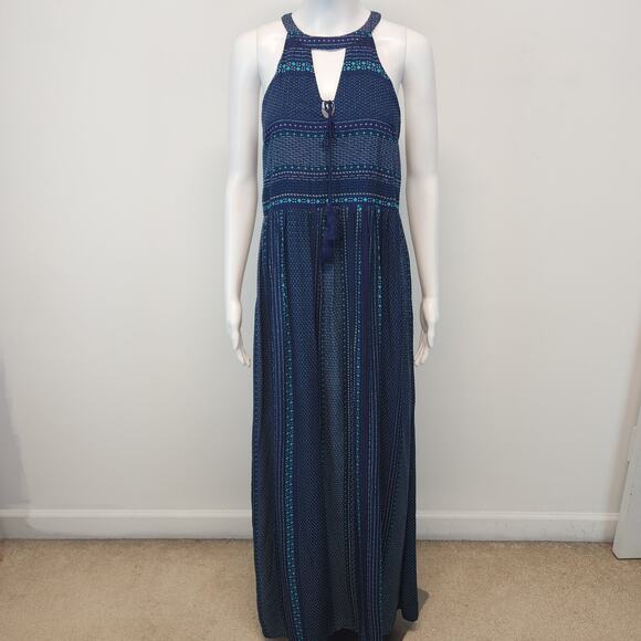 Altar'd State Geo Halter Maxi Dress Size S Blue Sleeveless Rayon Boho Gypsy - Picture 1 of 14